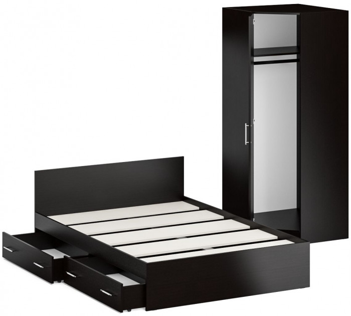 Кровать с ящиками 1400 + Шкаф угловой Стандарт, цвет венге, ШхГхВ 143,5х203,5х70 + 81,2х81,2х200 см., сп.м. 1400х2000 мм., без матраса, основание есть
