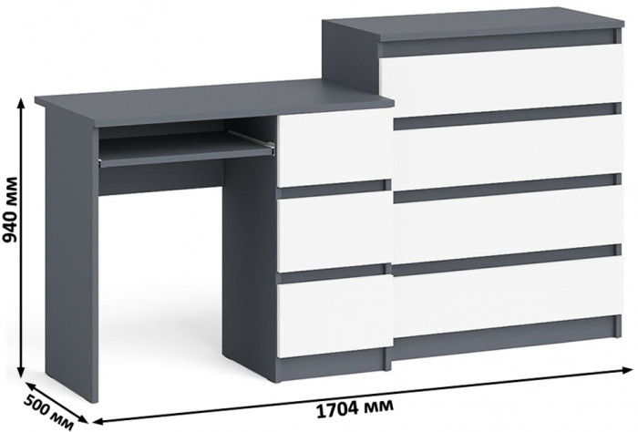 Мори Стол компьютерный МС-6 правый + Комод МК800.4, цвет графит/белый, ШхГхВ 170,4х50х94 см., выдвижные ящики справа, НЕ универсальная сборка