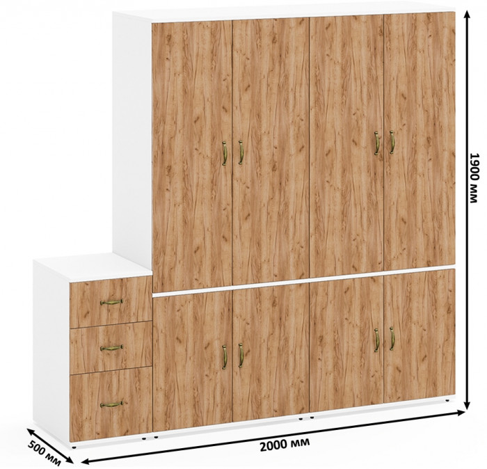 Лидер-8 Шкаф МД 19Б + Шкаф МД 19Б + Тумба МД 3.16, цвет белый шагрень/крафт золото, ШхГхВ 200х50х190 см., универсальная сборка