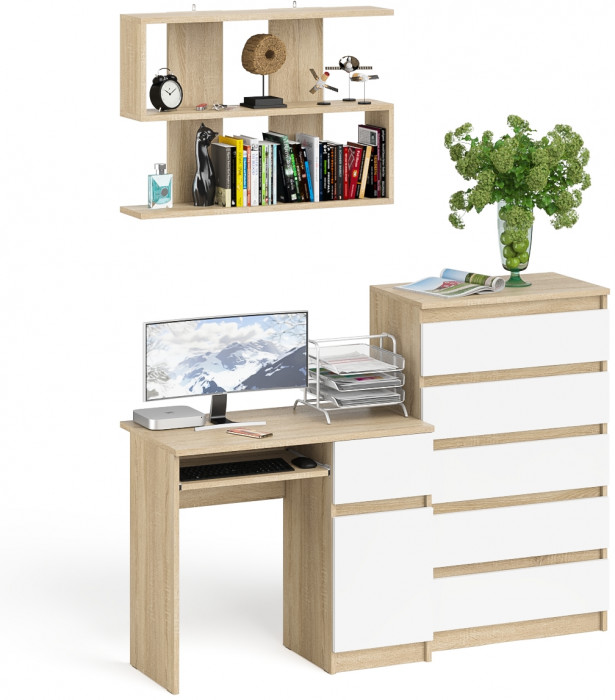 Мори Стол компьютерный МС-1 правый + Комод МК700.5 + Полка 900, цвет дуб сонома/белый, ШхГхВ 160,4х50х209,6 см., НЕ универсальная сборка