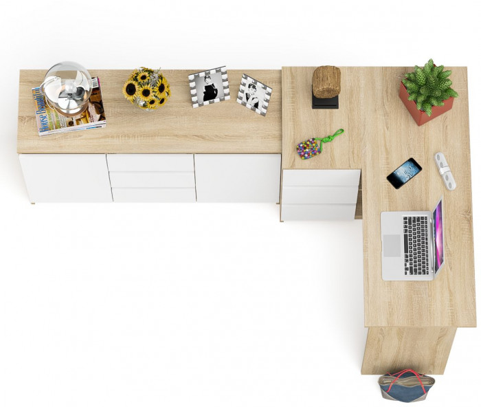 Мори Стол компьютерный МС-16 левый + Комод МК1200.3, цвет дуб сонома/белый, ШхГхВ 244,8х84,9х76,6 см., выдвижные ящики слев, НЕ универсальная сборкаа