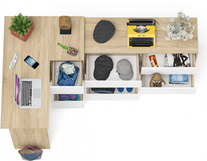 Мори Стол компьютерный МС-16 правый + Комод МК1200.6, цвет дуб сонома/белый, ШхГхВ 244,8х84,9х76,6 см., выдвижные ящики справа, НЕ универс. сборка