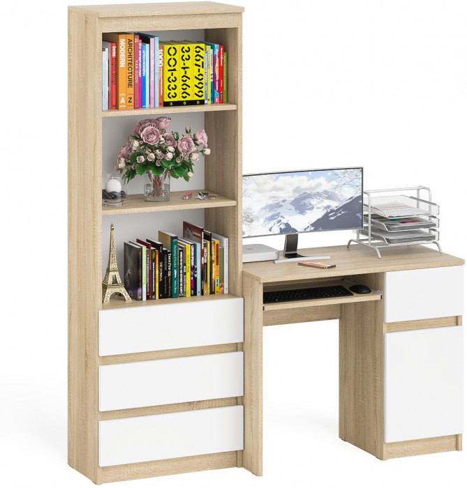 Мори компьютерный стол МС-1 правый + Стеллаж МСТ600.3, дуб сонома/белый
