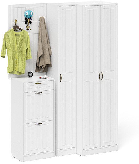 Прихожая П-6 Компоновка № 30, цвет белая шагрень/фасады МДФ белое дерево фрезеровка прованс, ШхГхВ 150х50х210 см., универсальная сборка