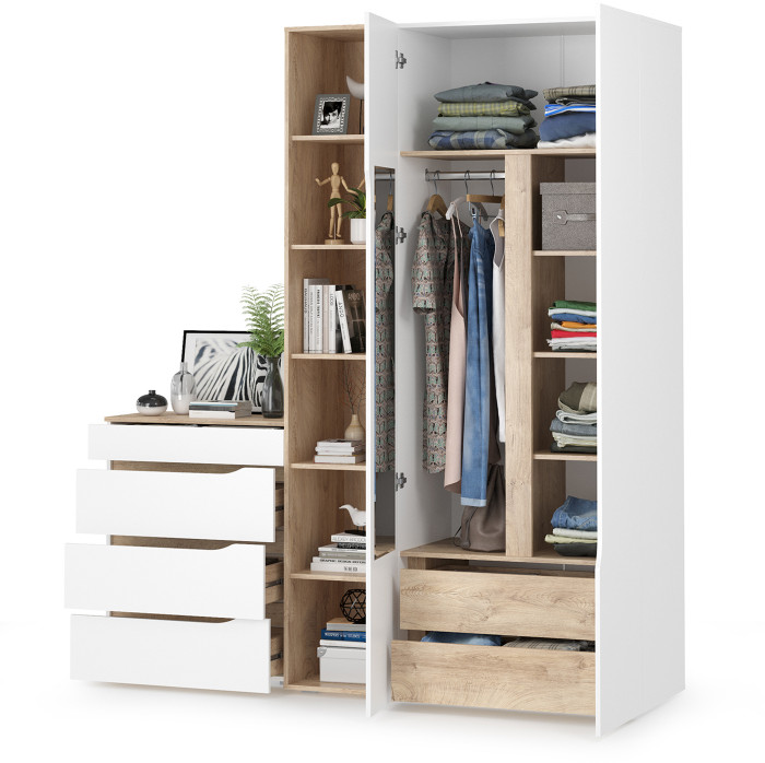 Муссон 13.198 Шкаф двухстворчатый + 13.349 Стеллаж + 13.97 Комод, цвет белый/дуб эндгрейн элегантный, ШхГхВ 204,6х52,3х229,8 см., НЕ универс. сборка