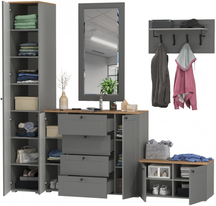 Остин Прихожая 51, цвет серый графит/дуб крафт золотой, ШхГхВ 240х54,3х229,6 см., универсальная сборка