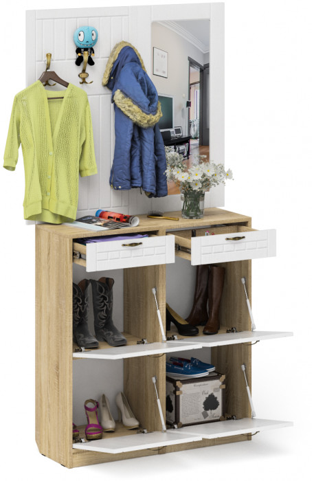 Прихожая П-6 Компоновка № 05, цвет дуб сонома/фасады МДФ белое дерево фрезеровка прованс, ШхГхВ 110х35х200 см.