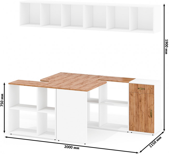 Лидер-8 Стол + Полка + Стол + Полка + Тумба МД 3.15, белый шагрень/крафт золото