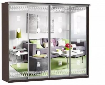 Шкаф купе Модерн 2362х600 4-х дверный 3-х секционный зеркальный с пескоструем №2 венге