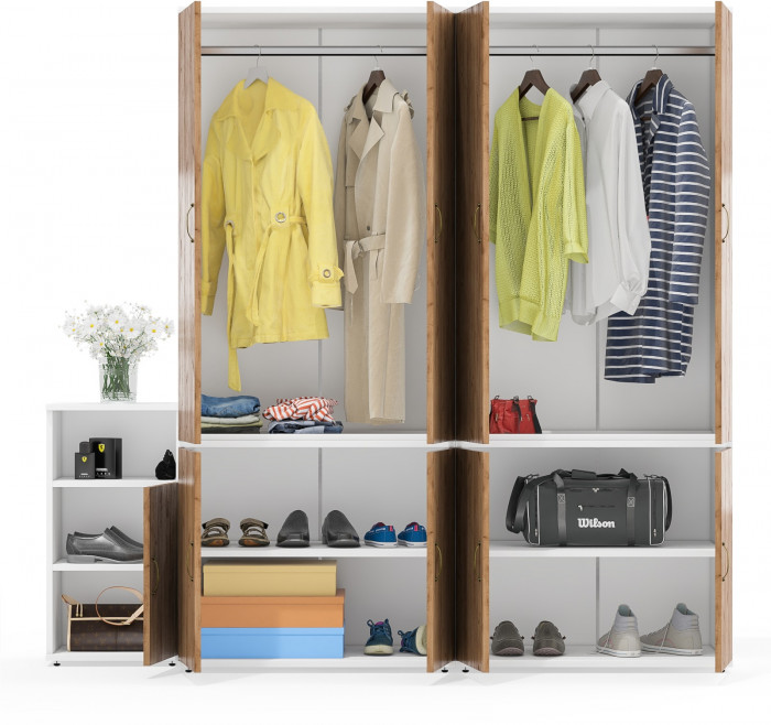 Лидер-8 Шкаф МД 19Б + Шкаф МД 19Б + Тумба МД 3.19, цвет белый шагрень/крафт золото, ШхГхВ 200х50х190 см., универсальная сборка