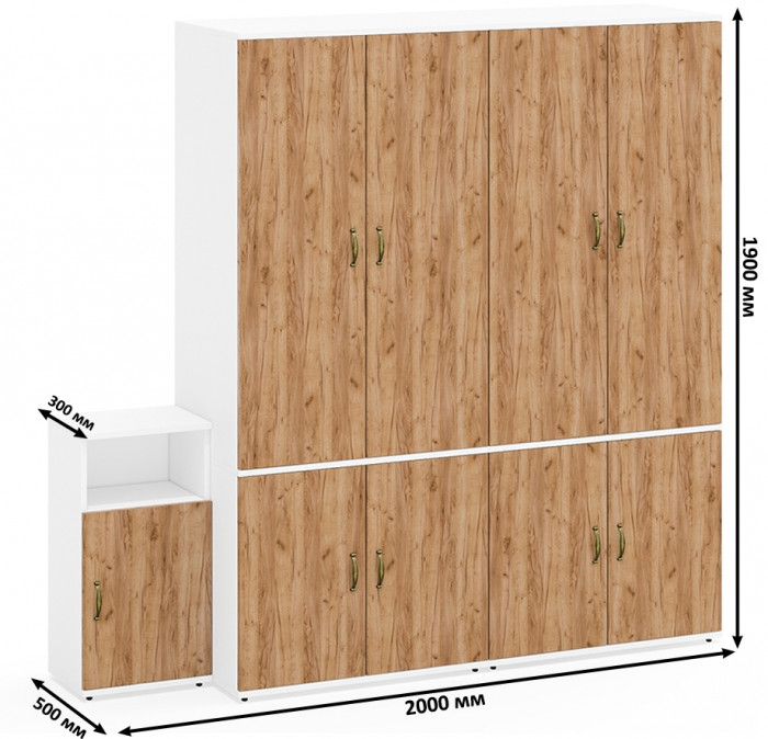 Лидер-8 Шкаф МД 19Б + Шкаф МД 19Б + Тумба МД 3.19, цвет белый шагрень/крафт золото, ШхГхВ 200х50х190 см., универсальная сборка