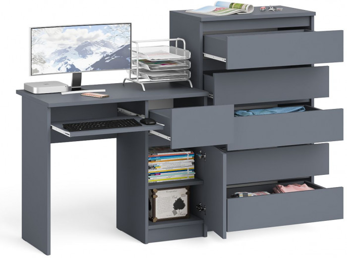 Мори Стол компьютерный МС-1 правый + Комод МК700.5, цвет графит, ШхГхВ 160,4х50х114 см., выдвижной ящик справа, НЕ универсальная сборка
