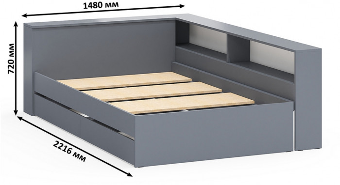 Ксения Кровать с ящиками 1200 + прикроватный блок + Столик с подсветкой 110, графит