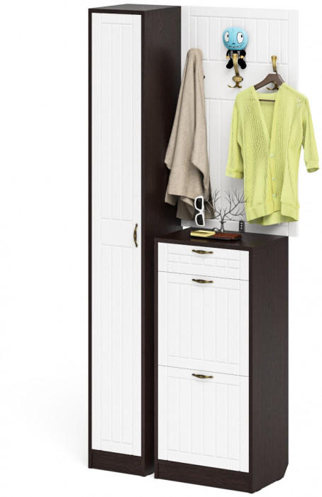 Прихожая П-6 Компоновка № 24, цвет венге/фасады МДФ белое дерево фрезеровка прованс, ШхГхВ 90х35х210 см., универсальная сборка