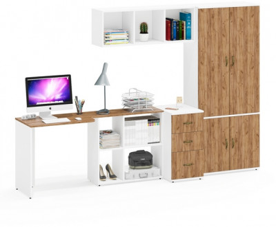 Лидер-8 Стол + Полка + Тумба МД 3.16 + Шкаф МД 20Б, цвет белый шагрень/крафт золото, ШхГхВ 285х50/37,5х75/190 или 115х200/50х75/190 см., НЕ ун. сб.