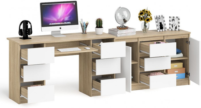 Мори Стол компьютерный МС-2 + Комод МК1200.3, цвет дуб сонома/белый, ШхГхВ 255,8х50х76,6 см., универсальная сборка
