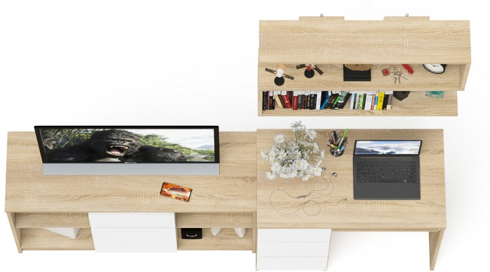 Мори Стол компьютерный МС-6 левый + Тумба МТВ1204.1 + Полка 900, цвет дуб сонома/белый, ШхГхВ 210,4х50х209,6 см., НЕ универсальная сборка