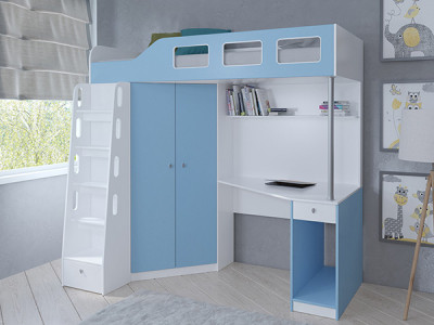 Кровать чердак Астра 7 Белый/Голубой