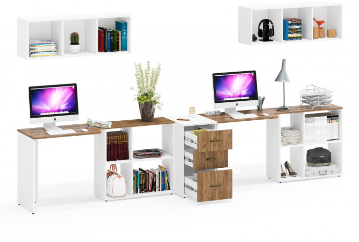 Лидер-8 Стол + Полка + Стол + Полка + Тумба МД 3.16, белый шагрень/крафт золото