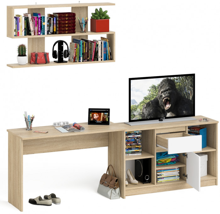 Мори письменный стол МСП1200.1 + Тумба МТВ1204.1 + Полка 1200, дуб сонома/белый