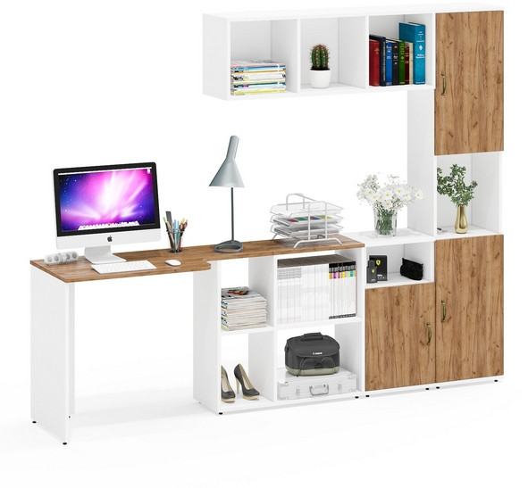 Лидер-8 Стол + Полка + Тумба МД 3.19 + Пенал, цвет белый шагрень/крафт золото, ШхГхВ 245х50/30х75/190 или 160х115/30х75/190 см., НЕ универс. сб.