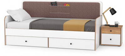 Вуди 11.02 Кровать + Тумба 13.287, цвет белый премиум/дуб крафт золотой/саванна латте, ШхГхВ 254,2х94,4х96,5 см, 900х2000 мм, б/м, осн. есть