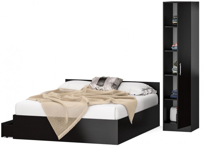 Кровать с ящиками 1600 + Пенал Стандарт, цвет венге, ШхГхВ 163,5х203,5х70 + 45х52х200 см., сп.м. 1600х2000 мм., без матраса, основание есть