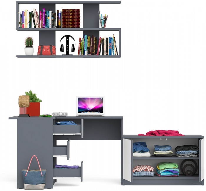 Мори компьютерный стол МС-16 левый + Тумба МА900.1 + Полка 1200, графит/белый