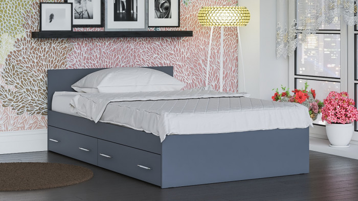 Мори Кровать с ящиками 1200, цвет графит, ШхГхВ 123,5х203,5х70 см., сп.м. 1200х2000 мм., без матраса, основание есть