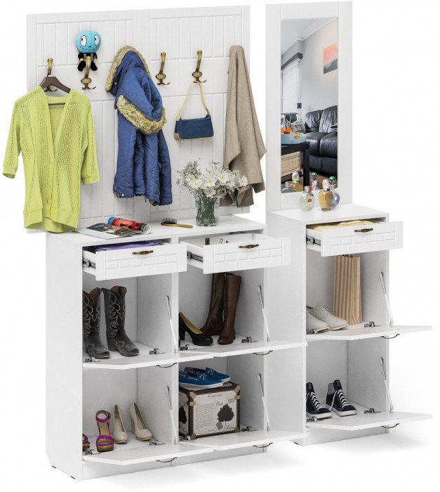 Прихожая П-6 Компоновка № 06, цвет белая шагрень/фасады МДФ белое дерево фрезеровка прованс, ШхГхВ 170х35х200 см., универсальная сборка