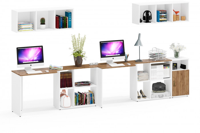 Лидер-8 Стол + Полка + Стол + Полка + Тумба МД 3.19, белый шагрень/крафт золото