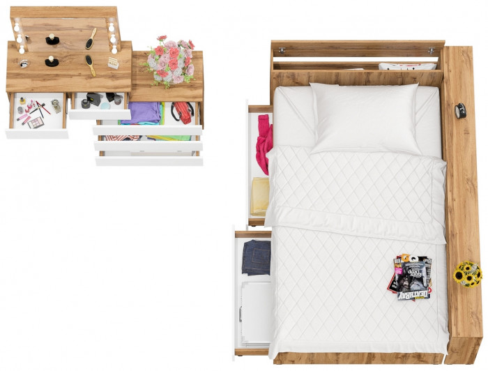 Ксения Кровать с ящиками 1200 + прикроватный блок + Столик с подсветкой 110, дуб вотан/белый