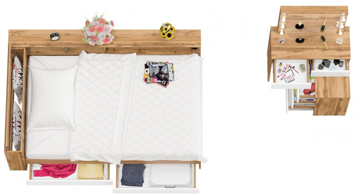 Ксения Кровать с ящиками 1200 + прикроватный блок + Столик с подсветкой 110, дуб вотан/белый