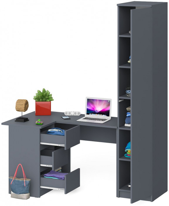 Мори Стол компьютерный МС-16 левый + Пенал МШ400.1, цвет графит, ШхГхВ 164,8х84,9х209,6 см., выдвижные ящики слева, НЕ универсальная сборка
