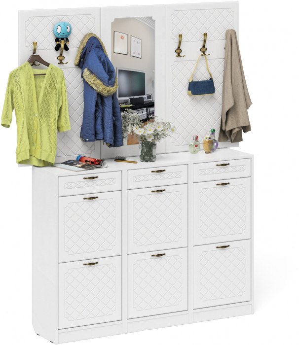 Прихожая П-6 Компоновка № 06, цвет белая шагрень/фасады МДФ белое дерево фрезеровка ромб, ШхГхВ 170х35х200 см., универсальная сборка