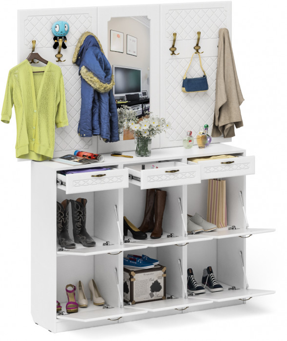 Прихожая П-6 Компоновка № 06, цвет белая шагрень/фасады МДФ белое дерево фрезеровка ромб, ШхГхВ 170х35х200 см., универсальная сборка