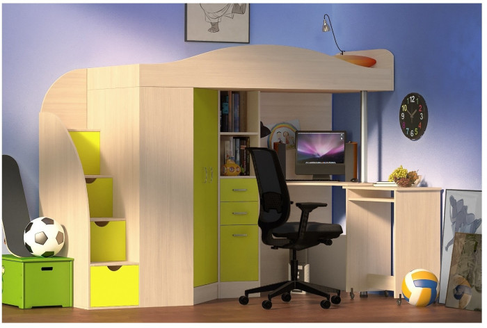 Кровать-чердак Юниор 4 (Дуб молочный/Ясень Анкор темный)