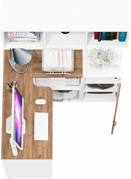 Лидер-8 Стол + Полка + Тумба МД 3.19, цвет белый шагрень/крафт золото, ШхГхВ 205х50/30х75 см. или 115х50/120х75 см., НЕ универсальная сборка