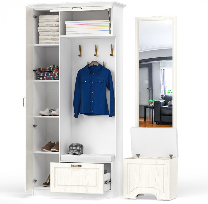 Ливерпуль Прихожая 13.21 + карниз 1000 + Зеркало 03.242 + Пуф 14.02, цвет ясень ваниль/белый, ШхГхВ 108,2х43,5х223,5 + 55х35х200 см., ун. сборка