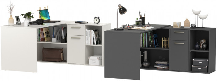 Два Стола письменных Лайт 03.245, цвет белый шагрень/тёмно-серый, ШхГхВ 342,9х136х75,2 см.(угловой) или 407,2х60х75,2 см.(прямой), универс. сборка