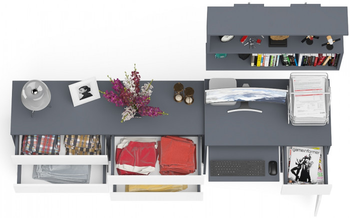 Мори Стол компьютерный МС-1 правый + Комод МК1380.6 + Полка 900, цвет графит/белый, ШхГхВ 228х50х209,6 см., НЕ универсальная сборка