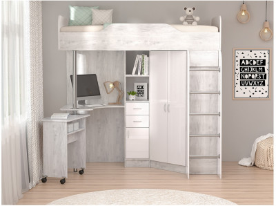 Кровать-чердак Бриз-1 80х190 (Бетон Светлый / Белый Глянец)