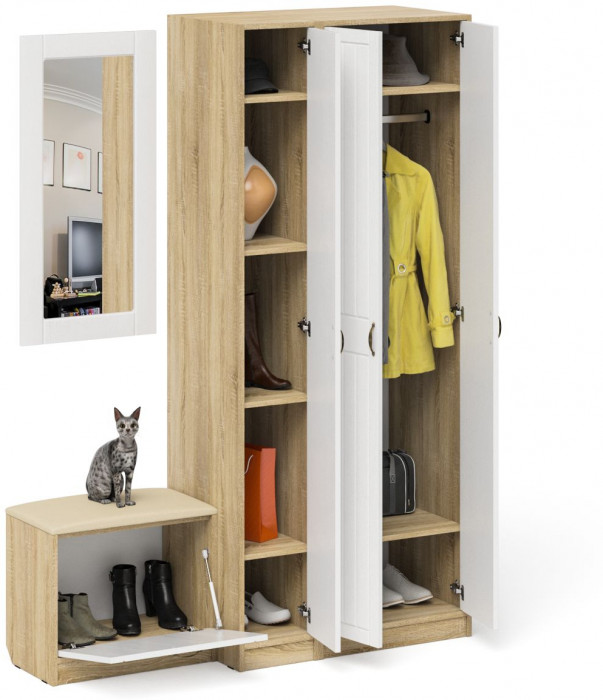 Прихожая П-6 Компоновка № 46, цвет дуб сонома/фасады МДФ белое дерево фрезеровка прованс, ШхГхВ 150х50х210 см., универсальная сборка