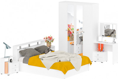 Камелия спальня № 2 Кровать 1600 + Две тумбы + Стол косметич. + Зеркало + Шкаф 4-х, белый