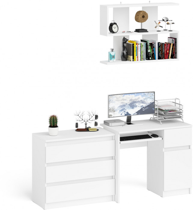 Мори Стол компьютерный МС-1 правый + Комод МК800.1 + Полка 900, цвет белый, ШхГхВ 170,4х50х209,6 см., НЕ универсальная сборка