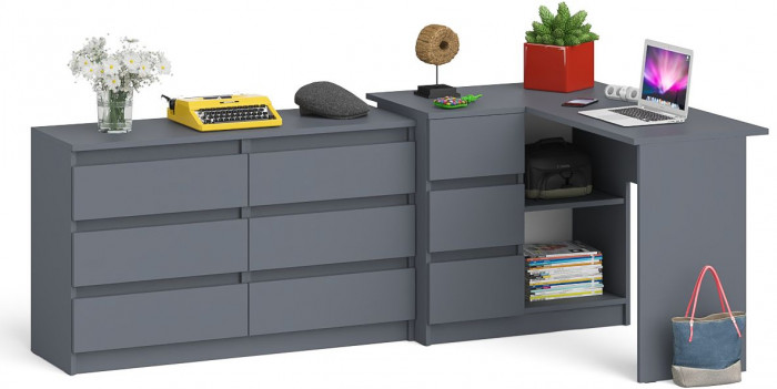 Мори Стол компьютерный МС-16 левый + Комод МК1200.6, цвет графит, ШхГхВ 244,8х84,9х76,6 см., выдвижные ящики слева, НЕ универсальная сборка