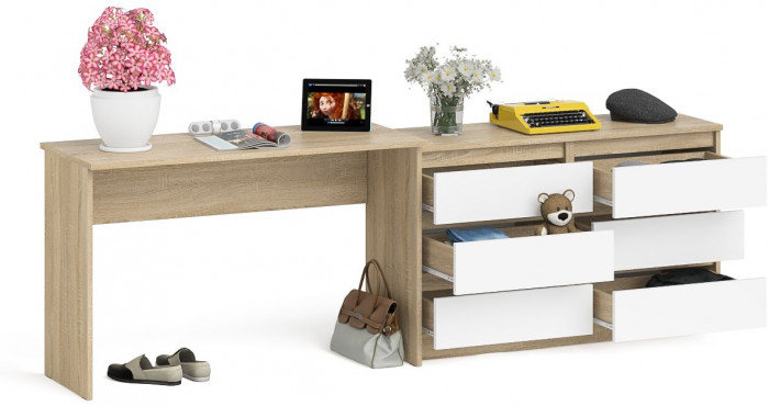 Мори Стол письменный МСП1200.1 + Комод МК1200.6, цвет дуб сонома/белый, ШхГхВ 240,8х50х76,6 см., универсальная сборка