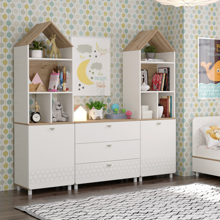 Эйп 13.14 Стеллаж + 13.322 Комод + 13.14 Стеллаж, цвет белый/дуб белый, ШхГхВ 191х41,5х183,8 см., универсальная сборка