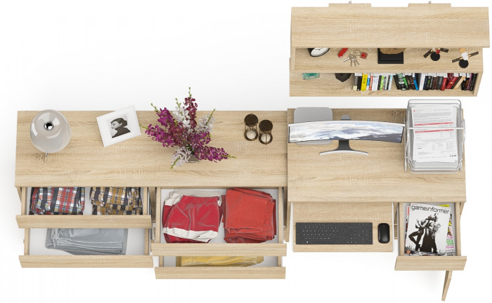 Мори Стол компьютерный МС-1 правый + Комод МК1380.6 + Полка 900, цвет дуб сонома, ШхГхВ 228х50х209,6 см., НЕ универсальная сборка