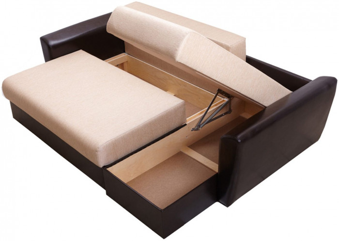 Диван-кровать угловой Амстердам, 160х200, еврокнижка, рогожка/экокожа, бежево-коричневый